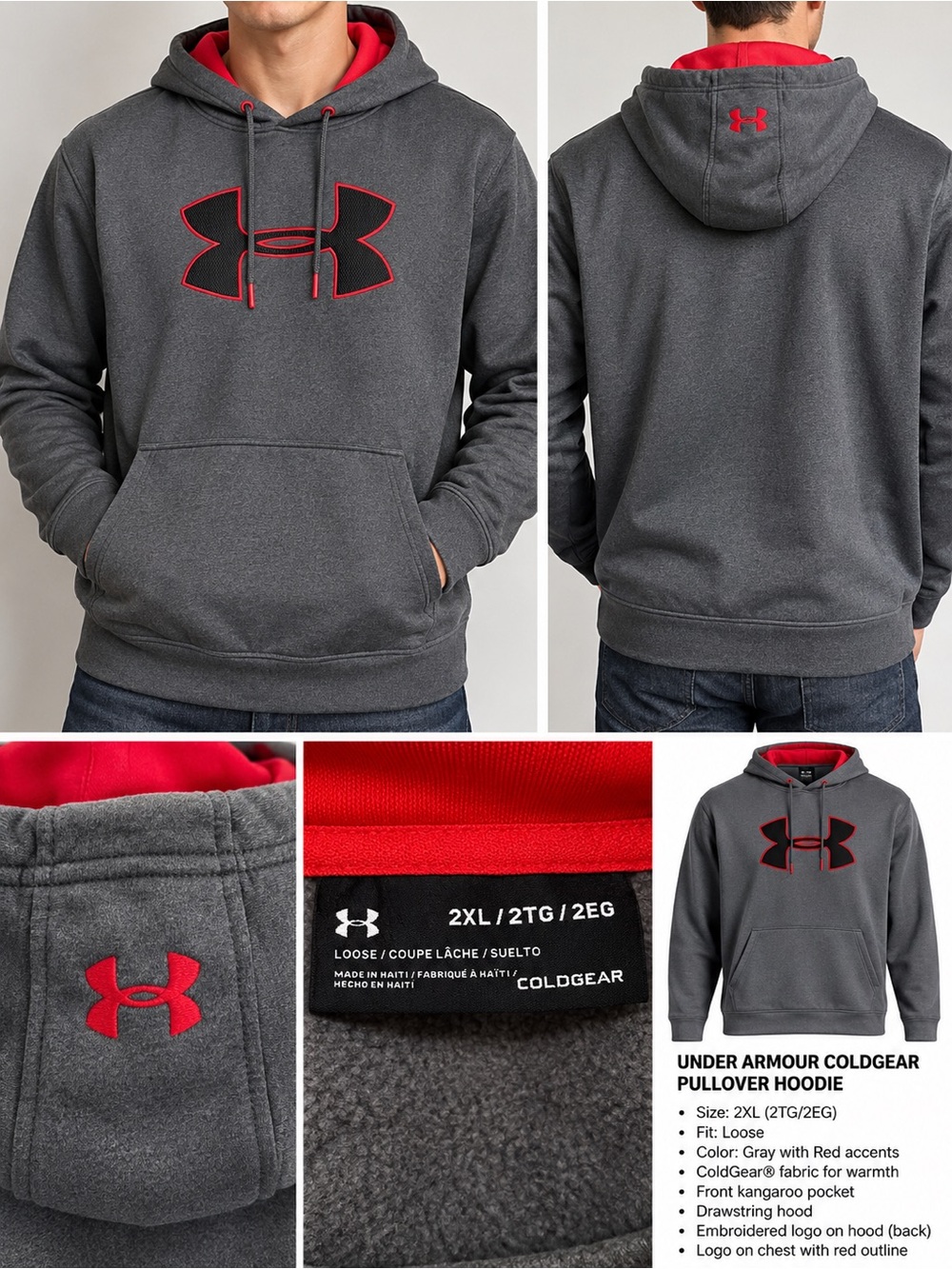 Under Armour Gray Hoodie with Red Accents - Men’s ColdGear Pullover 2XL